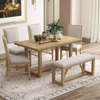 6-Piece Retro Dining Set, 1 Rectangular Table with Designed Trestle Base and 4 Upholstered Chairs and 1 Bench for Dining Room and Kitchen