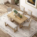 Set da pranzo retrò da 6 pezzi, 1 tavolo rettangolare con base a cavalletto di design, 4 sedie imbottite e 1 panca per sala da pranzo e cucina