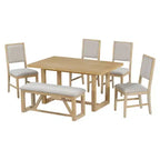 Set da pranzo retrò da 6 pezzi, 1 tavolo rettangolare con base a cavalletto di design, 4 sedie imbottite e 1 panca per sala da pranzo e cucina