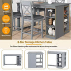 Set da tavolo da pranzo a 5 pezzi in stile rustico con 4 sedie imbottite e 3 ripiani, grigio/naturale+bianco