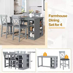 Set da tavolo da pranzo a 5 pezzi in stile rustico con 4 sedie imbottite e 3 ripiani, grigio/naturale+bianco