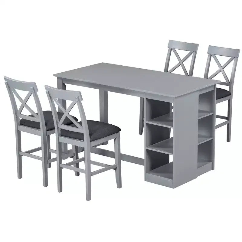 Set da tavolo da pranzo a 5 pezzi in stile rustico con 4 sedie imbottite e 3 ripiani, grigio/naturale+bianco
