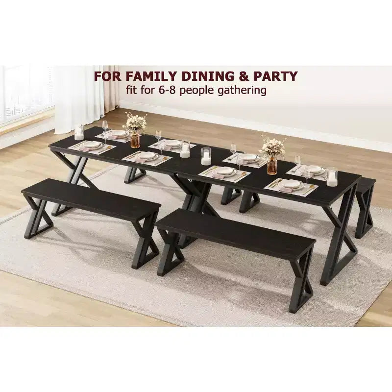 Set da Tavolo da Pranzo per 4, Tavolo da Cucina con Robusta Struttura in Metallo, Set Tavolo da Pranzo Rettangolare con 2 Panche, Salvaspazio per Cucina, Sala da Pranzo