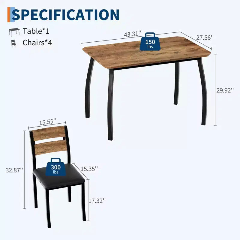 Set da pranzo da 5 pezzi per 4 persone, tavolo da cucina moderno con sedie imbottite e struttura in ferro, set di mobili da sala da pranzo in legno per piccoli spazi