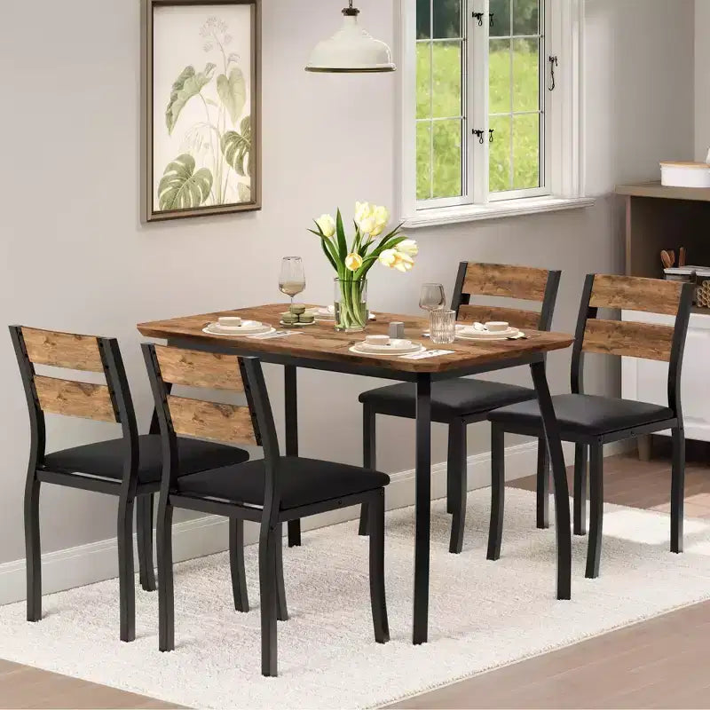 Set da pranzo da 5 pezzi per 4 persone, tavolo da cucina moderno con sedie imbottite e struttura in ferro, set di mobili da sala da pranzo in legno per piccoli spazi
