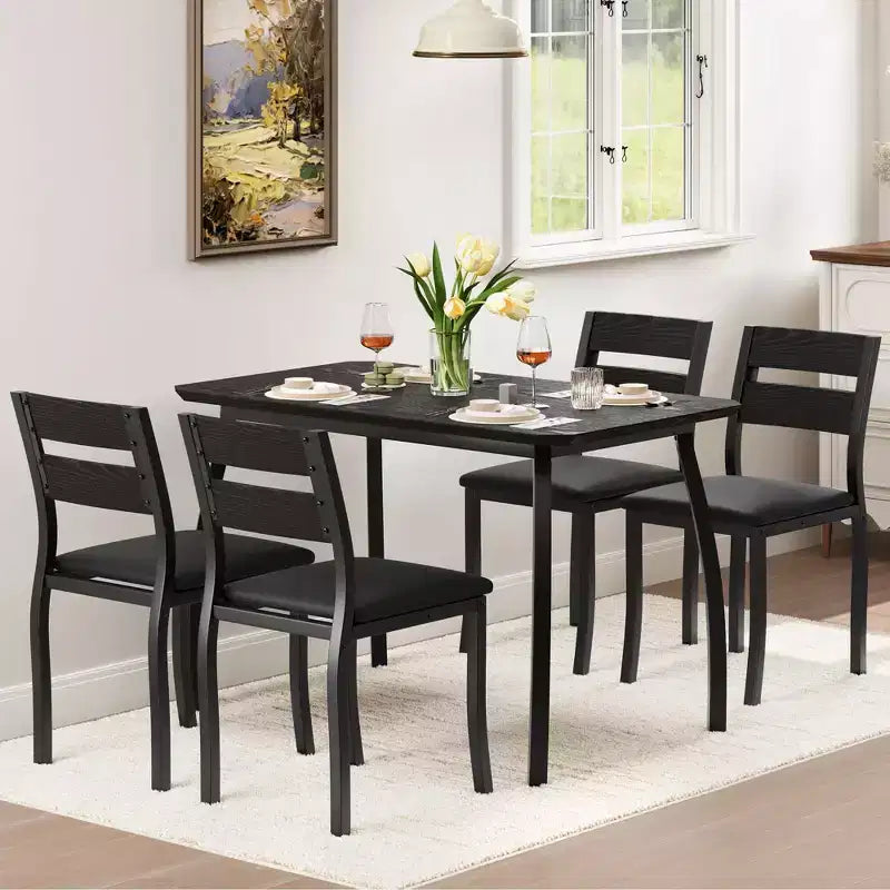 Set da pranzo da 5 pezzi per 4 persone, tavolo da cucina moderno con sedie imbottite e struttura in ferro, set di mobili da sala da pranzo in legno per piccoli spazi