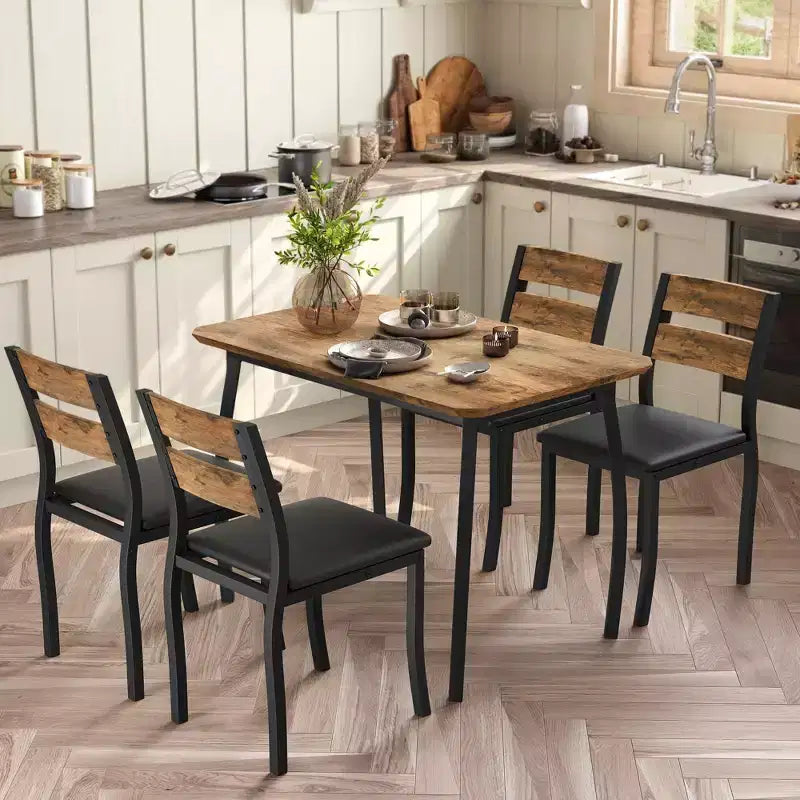Set da pranzo da 5 pezzi per 4 persone, tavolo da cucina moderno con sedie imbottite e struttura in ferro, set di mobili da sala da pranzo in legno per piccoli spazi