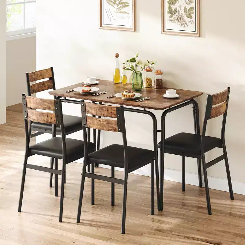 Set da tavolo da pranzo da 5 pezzi in stile rustico, tavolo in legno e sedie in PU per piccoli spazi