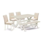 HomeStock 6-Pc Rectangle Natural Oak Finish Solid Wood Top Dining Table with 1-Bench, 4-Chairs