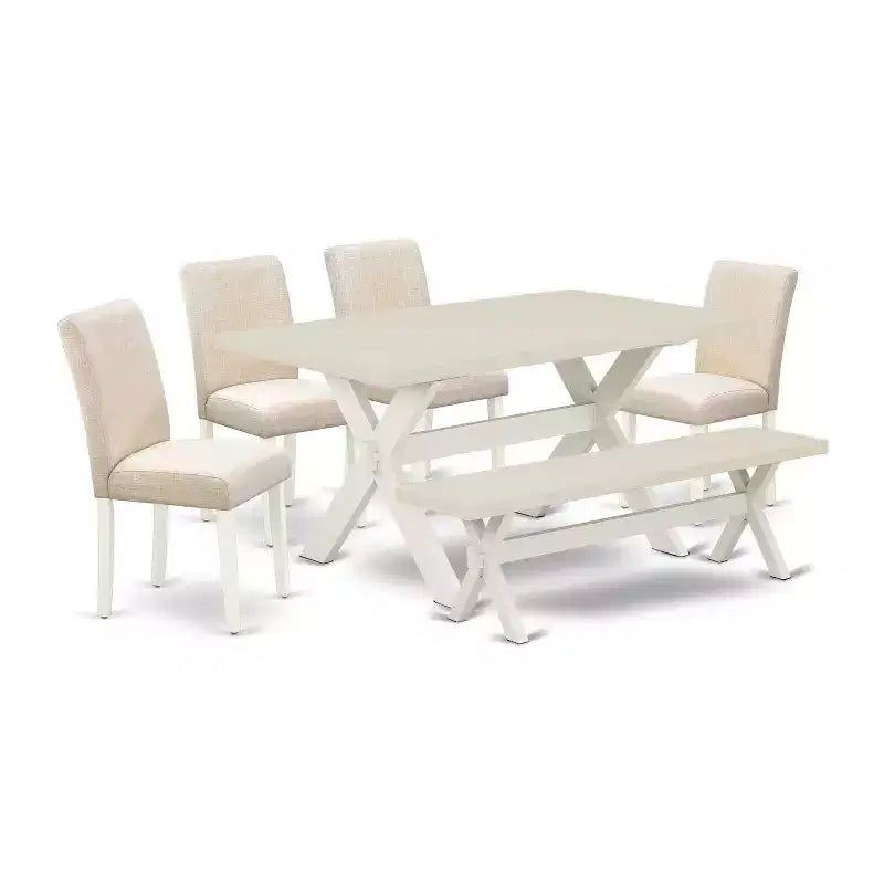 HomeStock 6-Pc Rectangle Natural Oak Finish Solid Wood Top Dining Table with 1-Bench, 4-Chairs