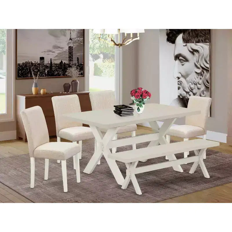 Tavolo da pranzo da 6 pezzi rettangolare con piano in legno massello con finitura rovere naturale, 1 panca, 4 sedie