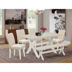 Tavolo da pranzo da 6 pezzi rettangolare con piano in legno massello con finitura rovere naturale, 1 panca, 4 sedie