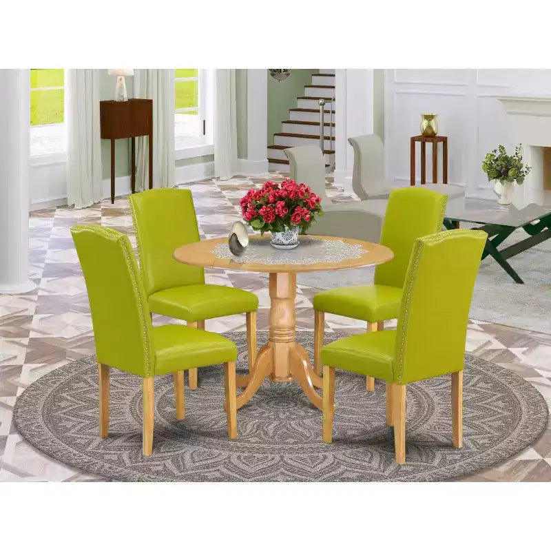 Set tavolo rotondo da cucina 5 pz, tavolo da 107 cm con prolunghe e 4 sedie Parsons - Verde Autunno
