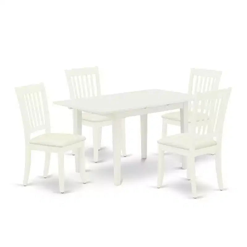 HomeStock 5-Pc Linen White Finish Solid Wood Top - Rectangular Upholstered Dining Room Set with Butterfly Leaf - Seats 4