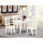 Set da pranzo rettangolare a 5 pezzi in lino bianco con top in legno massiccio, rivestito in tessuto, con prolunga a farfalla - 4 posti a sedere