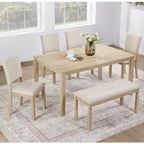 GDFStudio Fen Modern 6-Piece Dining Set with Wooden Rectangular Table, 1 Bench, and 4 Linen Upholstered Chairs