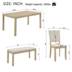 Set da pranzo moderno Fen da 6 pezzi con tavolo rettangolare in legno, 1 panca e 4 sedie rivestite in lino