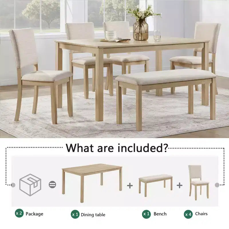 Set da pranzo moderno Fen da 6 pezzi con tavolo rettangolare in legno, 1 panca e 4 sedie rivestite in lino