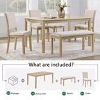 Set da pranzo moderno Fen da 6 pezzi con tavolo rettangolare in legno, 1 panca e 4 sedie rivestite in lino