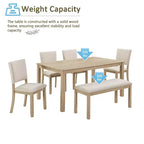 Set da pranzo moderno Fen da 6 pezzi con tavolo rettangolare in legno, 1 panca e 4 sedie rivestite in lino