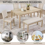 Set da pranzo moderno Fen da 6 pezzi con tavolo rettangolare in legno, 1 panca e 4 sedie rivestite in lino