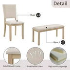 Set da pranzo moderno Fen da 6 pezzi con tavolo rettangolare in legno, 1 panca e 4 sedie rivestite in lino