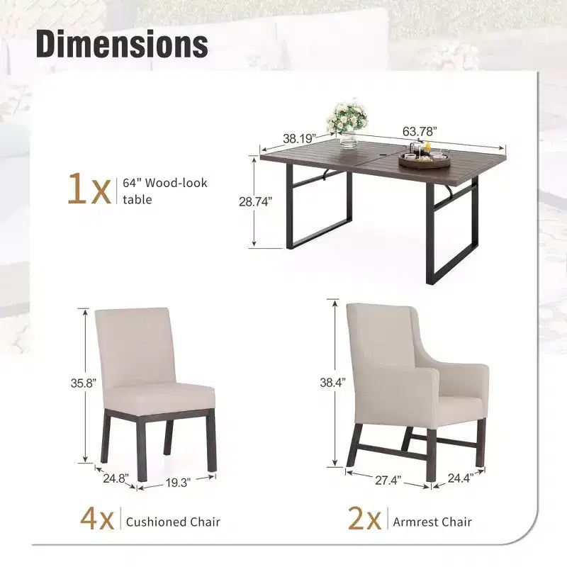 Set di mobili da cucina da 7 pezzi con tavolo da pranzo effetto legno e sedie in metallo imbottite