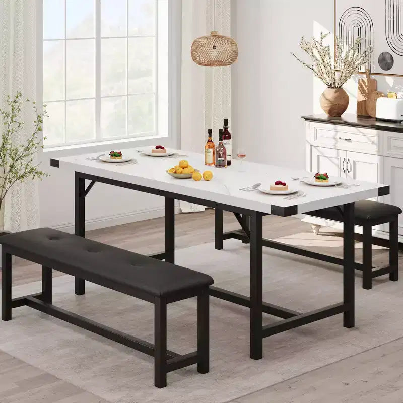Set da Tavolo da Pranzo Estensibile 3 Pezzi con 2 Panche Imbottite, Set Dinette in Legno con Struttura in Metallo per 4-8 Persone, Cucina per Piccoli Spazi