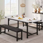 Set da Tavolo da Pranzo Estensibile 3 Pezzi con 2 Panche Imbottite, Set Dinette in Legno con Struttura in Metallo per 4-8 Persone, Cucina per Piccoli Spazi