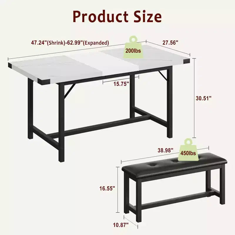 Set da Tavolo da Pranzo Estensibile 3 Pezzi con 2 Panche Imbottite, Set Dinette in Legno con Struttura in Metallo per 4-8 Persone, Cucina per Piccoli Spazi