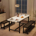 Set da Tavolo da Pranzo Estensibile 3 Pezzi con 2 Panche Imbottite, Set Dinette in Legno con Struttura in Metallo per 4-8 Persone, Cucina per Piccoli Spazi