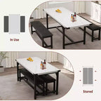Set da Tavolo da Pranzo Estensibile 3 Pezzi con 2 Panche Imbottite, Set Dinette in Legno con Struttura in Metallo per 4-8 Persone, Cucina per Piccoli Spazi