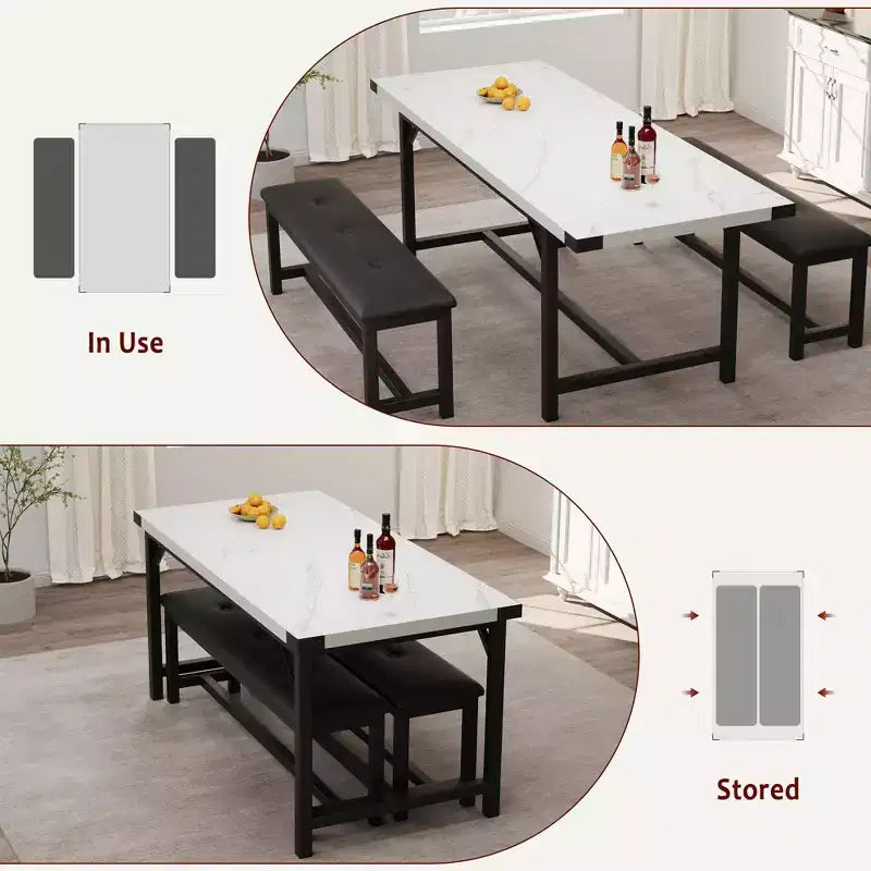 Set da Tavolo da Pranzo Estensibile 3 Pezzi con 2 Panche Imbottite, Set Dinette in Legno con Struttura in Metallo per 4-8 Persone, Cucina per Piccoli Spazi