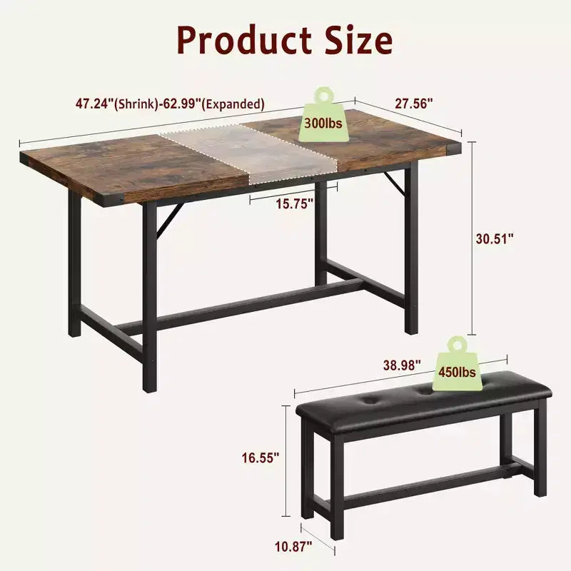 Set da Tavolo da Pranzo Estensibile 3 Pezzi con 2 Panche Imbottite, Set Dinette in Legno con Struttura in Metallo per 4-8 Persone, Cucina per Piccoli Spazi