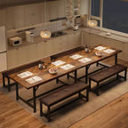 Set da Tavolo da Pranzo Estensibile 3 Pezzi con 2 Panche Imbottite, Set Dinette in Legno con Struttura in Metallo per 4-8 Persone, Cucina per Piccoli Spazi