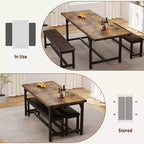 Set da Tavolo da Pranzo Estensibile 3 Pezzi con 2 Panche Imbottite, Set Dinette in Legno con Struttura in Metallo per 4-8 Persone, Cucina per Piccoli Spazi