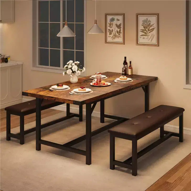 Set da Tavolo da Pranzo Estensibile 3 Pezzi con 2 Panche Imbottite, Set Dinette in Legno con Struttura in Metallo per 4-8 Persone, Cucina per Piccoli Spazi