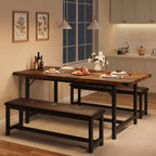 Set da Tavolo da Pranzo Estensibile 3 Pezzi con 2 Panche Imbottite, Set Dinette in Legno con Struttura in Metallo per 4-8 Persone, Cucina per Piccoli Spazi