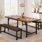 Acekool 3-Piece Extendable Dining Table Set with 2 Upholstered Benches, Metal Frame Wood Dinette Set for 4C8 People, Small Space Kitchen
