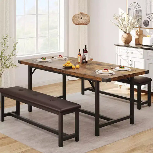 Acekool 3-Piece Extendable Dining Table Set with 2 Upholstered Benches, Metal Frame Wood Dinette Set for 4C8 People, Small Space Kitchen