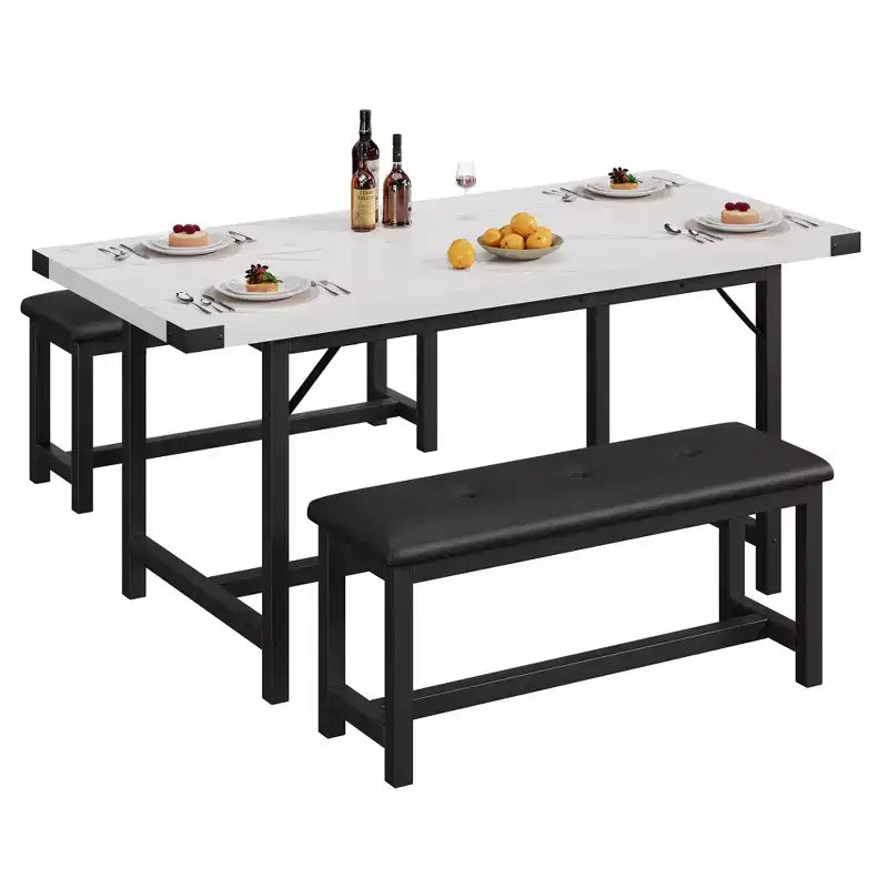 Set da Tavolo da Pranzo Estensibile 3 Pezzi con 2 Panche Imbottite, Set Dinette in Legno con Struttura in Metallo per 4-8 Persone, Cucina per Piccoli Spazi