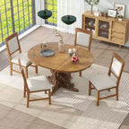 Set Tavolo da Pranzo per 4 Persone in Stile Rustico, Tavolo da Pranzo Rotondo Allungabile in Legno e 4 Sedie Imbottite, Set da Pranzo Retrò per Cucina