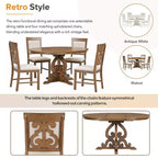 Set Tavolo da Pranzo per 4 Persone in Stile Rustico, Tavolo da Pranzo Rotondo Allungabile in Legno e 4 Sedie Imbottite, Set da Pranzo Retrò per Cucina