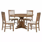 Set Tavolo da Pranzo per 4 Persone in Stile Rustico, Tavolo da Pranzo Rotondo Allungabile in Legno e 4 Sedie Imbottite, Set da Pranzo Retrò per Cucina
