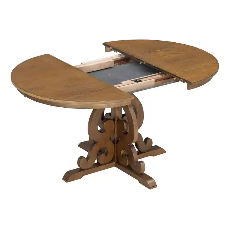 Set Tavolo da Pranzo per 4 Persone in Stile Rustico, Tavolo da Pranzo Rotondo Allungabile in Legno e 4 Sedie Imbottite, Set da Pranzo Retrò per Cucina