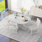 Set Tavolo da Pranzo per 4 Persone in Stile Rustico, Tavolo da Pranzo Rotondo Allungabile in Legno e 4 Sedie Imbottite, Set da Pranzo Retrò per Cucina