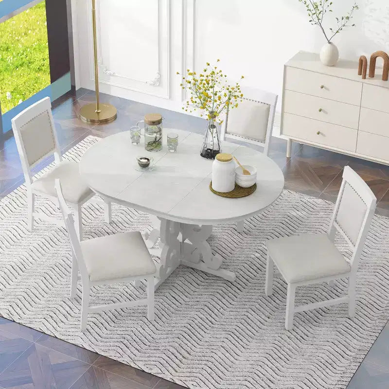 Set Tavolo da Pranzo per 4 Persone in Stile Rustico, Tavolo da Pranzo Rotondo Allungabile in Legno e 4 Sedie Imbottite, Set da Pranzo Retrò per Cucina