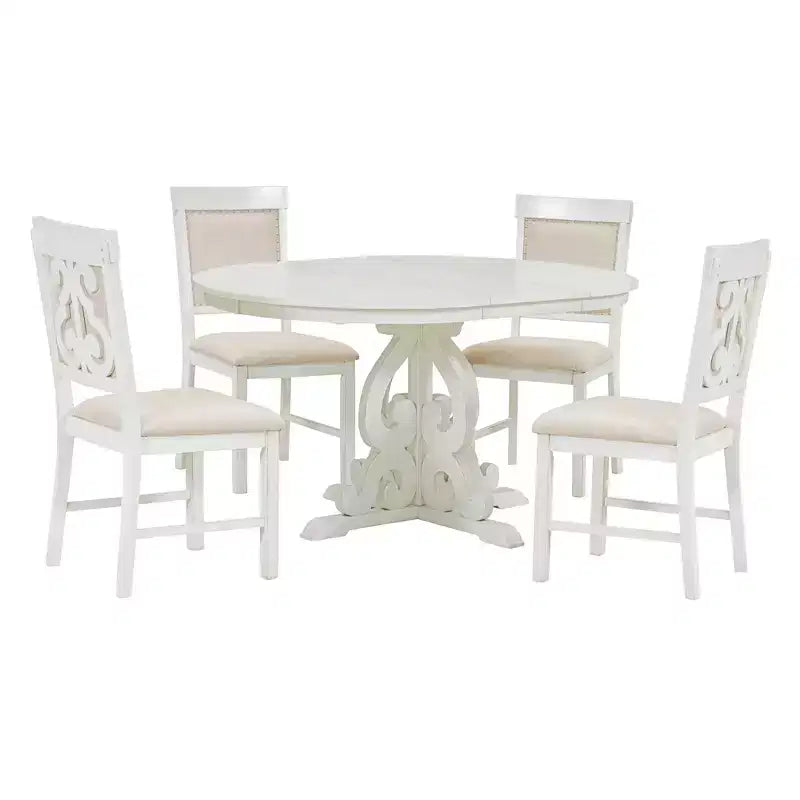 Set Tavolo da Pranzo per 4 Persone in Stile Rustico, Tavolo da Pranzo Rotondo Allungabile in Legno e 4 Sedie Imbottite, Set da Pranzo Retrò per Cucina