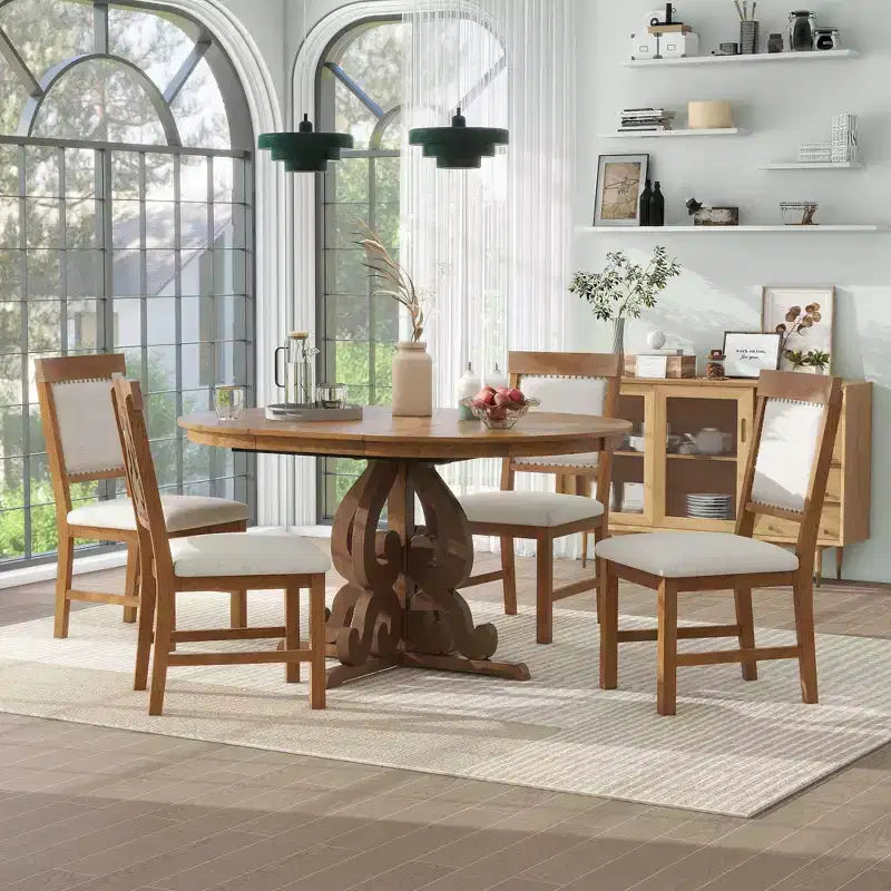 Set Tavolo da Pranzo per 4 Persone in Stile Rustico, Tavolo da Pranzo Rotondo Allungabile in Legno e 4 Sedie Imbottite, Set da Pranzo Retrò per Cucina