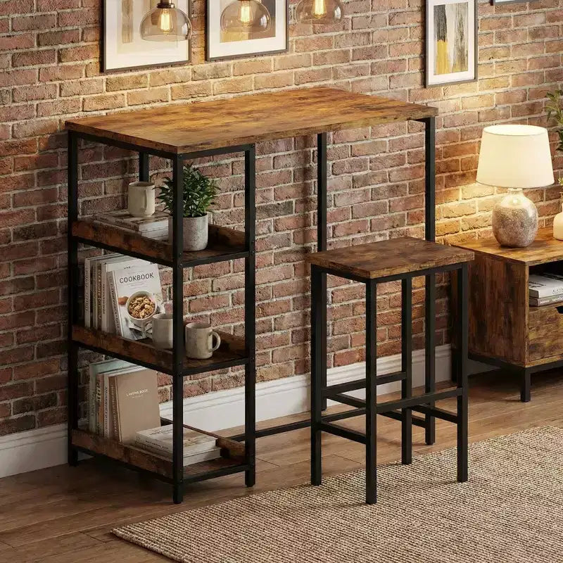 Set da Tavolo da Cucina da 3 Pezzi con Scaffali Contenitori e 2 Sgabelli da Bar - Tavolo da Pranzo in Ferro e Legno per Piccoli Spazi, Appartamenti